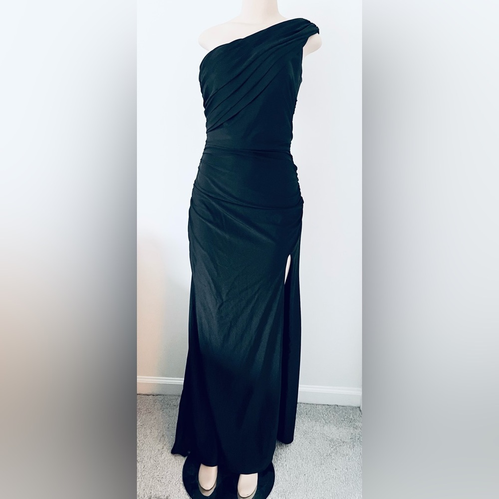 La Femme One Shoulder Shiny Ruched Jersey Dress
